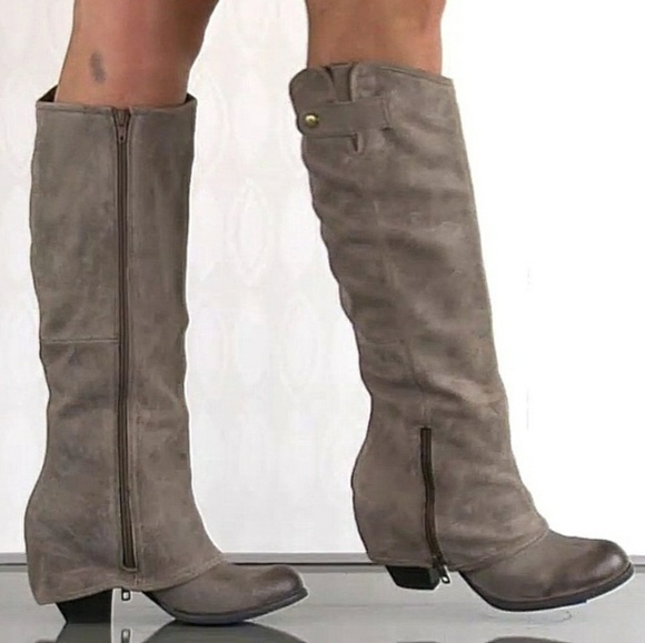 Fergie Shoes - Fergie Ledger Suede Taupe Distressed Knee Boots 9